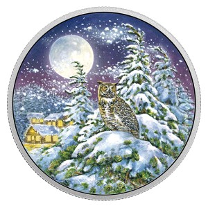 Fascinující zimní scenérie s výrem virginským na originální minci, která se rozzáří přímo u Vás doma ve tmě